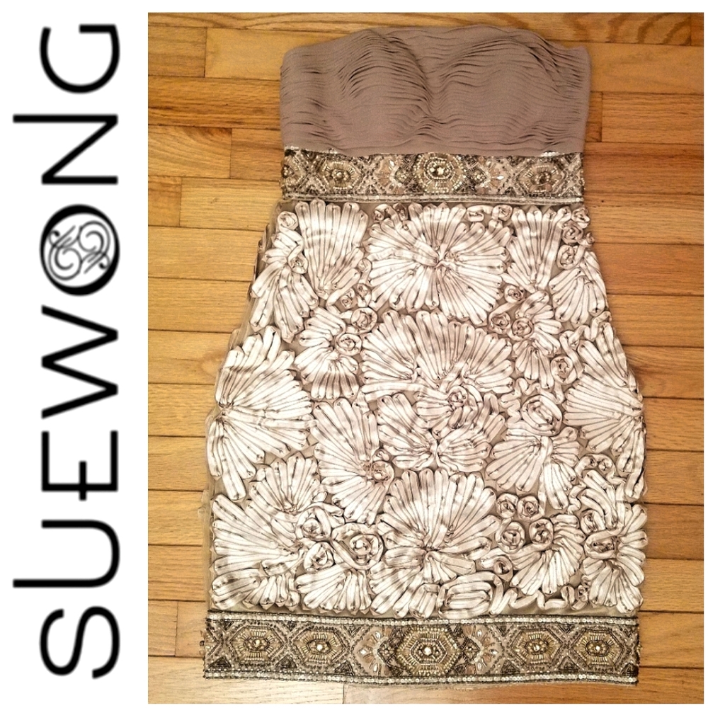 Sue Wong Nocturne Vintage Champagne Beaded Ribbon Work Flapper Dress 2